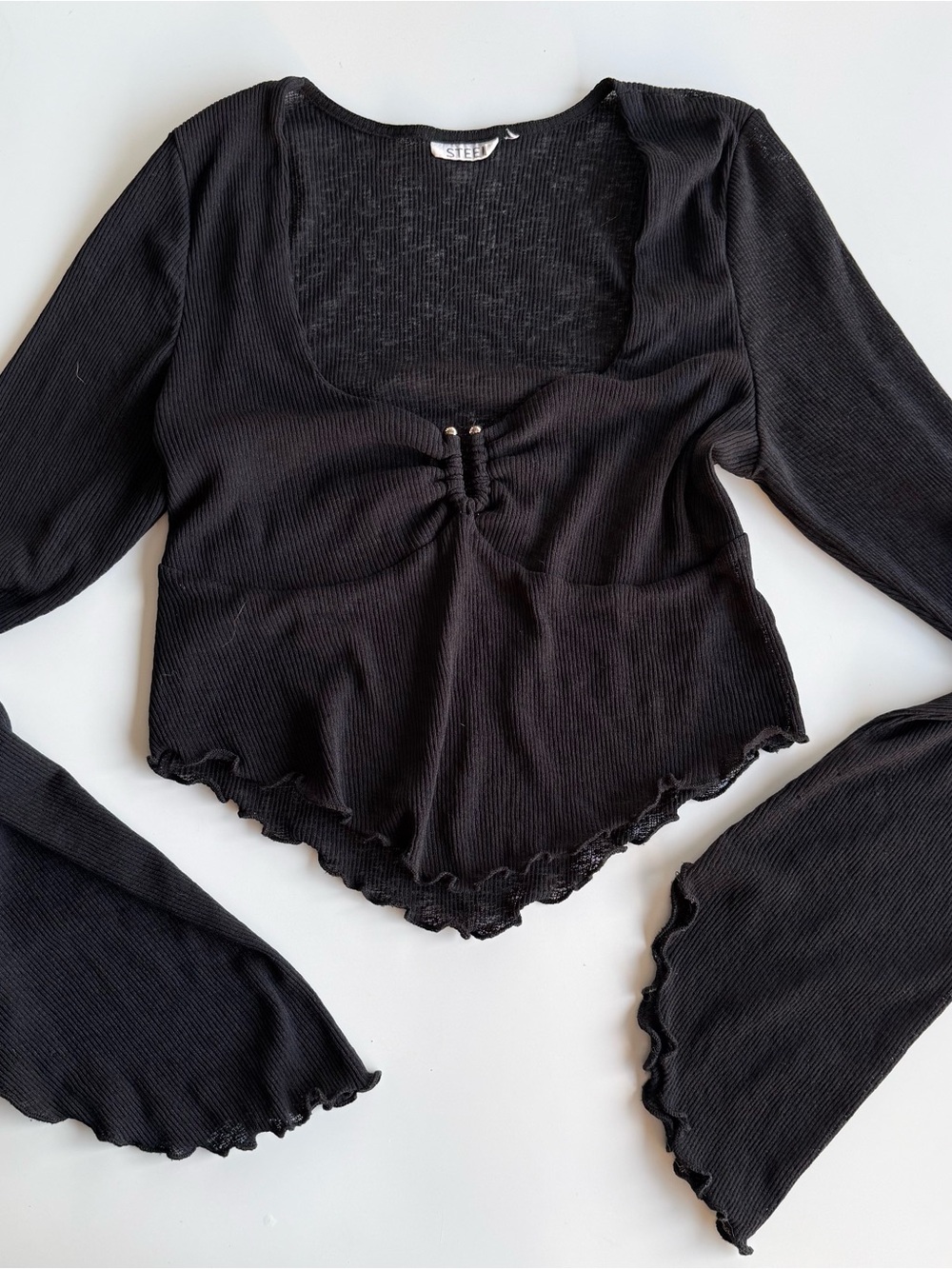 Steele Black Ribbed Bell Sleeve Corset Top Fairy Grunge Y2K Size L